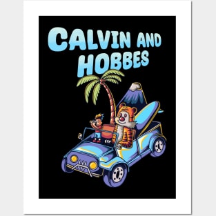 Calvin and hobbes riding a jeep goes to vacation Posters and Art